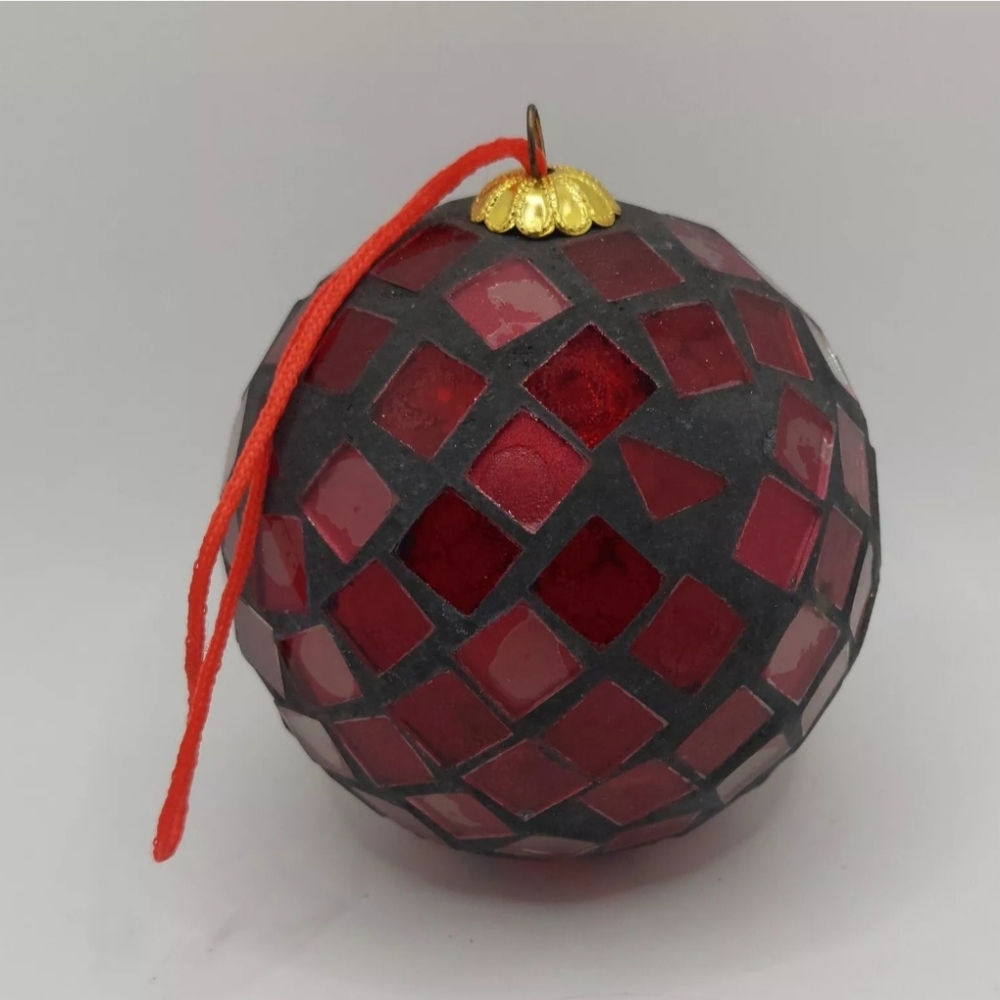 CHRISTMAS Red Mosiac Glass Ornaments Heavy NWOT